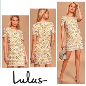 Lulu’s Dandy Lion Yellow Print Shift Mini Dress Short Sleeves Size M